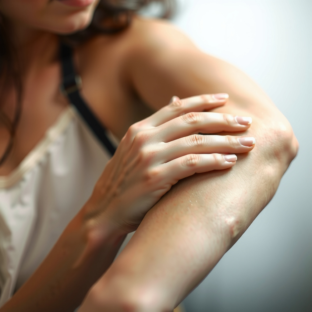 Close-up de mãos femininas explorando o tato com toque suave no próprio braço, exercício de atenção plena para reconectar sensações.