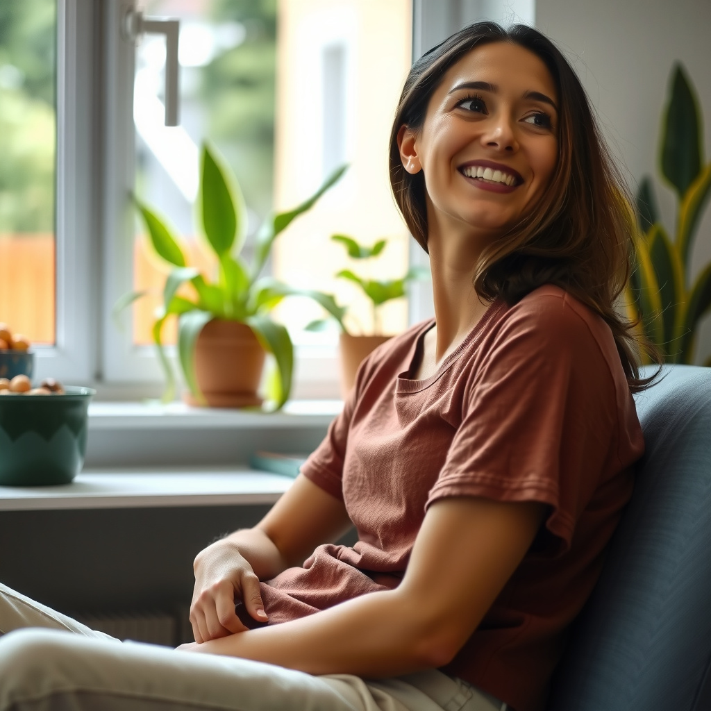 Mulher adulta relaxada em casa, representando reconexão consigo mesma e bem-estar, conceito de exercícios sensoriais para desejo.