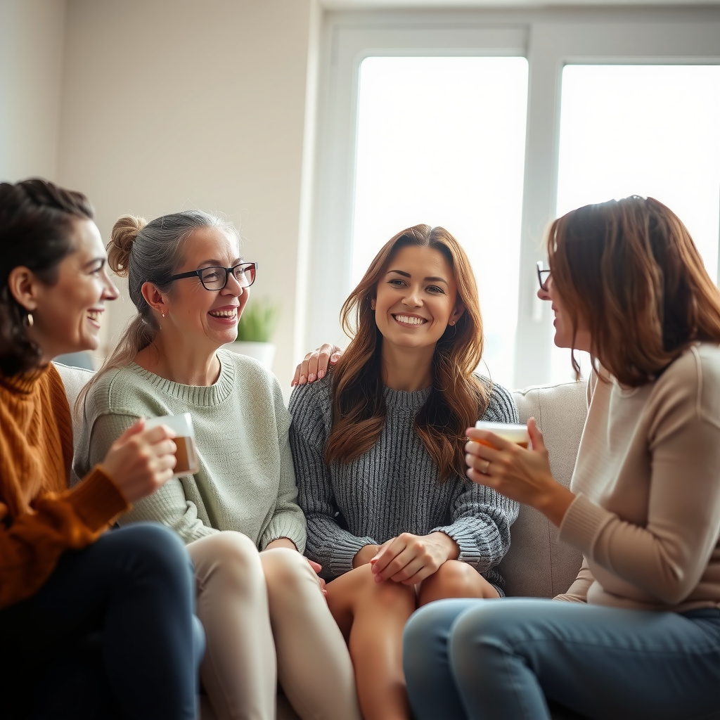 Mulheres adultas conversando de forma relaxada em um ambiente acolhedor, representando bem-estar e saúde feminina.