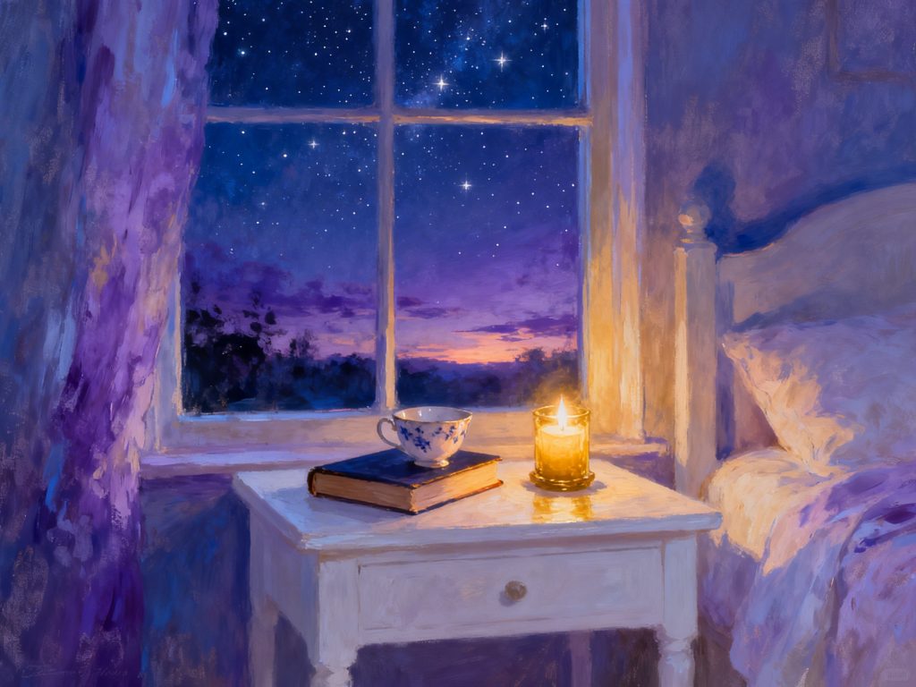 Uma mesa de cabeceira com um livro de papel, uma vela acesa e uma xícara de chá