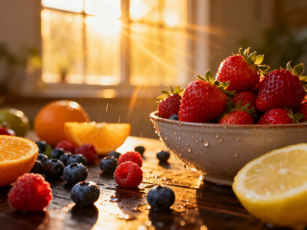 Cesta com alimentos coloridos e frescos como frutas vermelhas, gengibre e vegetais verdes, representando uma dieta anti-inflamatória.